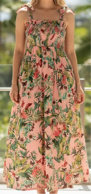 H&M Smocked-bodice strappy dress in a pink/floral or tropical pattern 12 New thumbnail 1