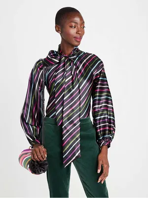 kate spade Black Satin Tie-Neck Blouse with Pink, Green, Blue and White Stripes thumbnail 2