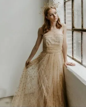 NWT BHLDN x Joanna August Brenda Star Strapless Midi Dress 8 Gold Bridal Tulle thumbnail 1