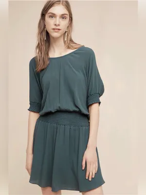Anthropologie Floreat Azriel Teal Green Smocked Mini Dress Size 6 thumbnail 2