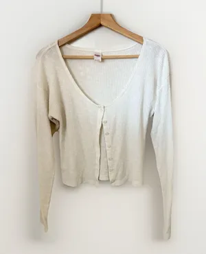 Bongo Cardigan Cropped Button Cream Long Sleeve Preppy Grunge Sweater Top Lg thumbnail 1