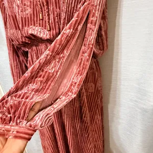 MOTF Premium Pink Velvet Burnout Floral Maxi Dress Lace Up Split Sleeve Small thumbnail 6