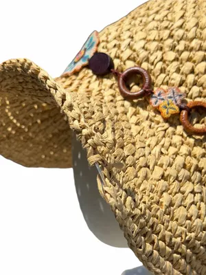 Lucky Brand Wide Brim Straw Hat One Size Floral Beaded Boho Sun Hat Festival thumbnail 8