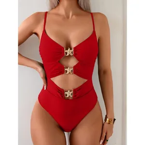 Eomenie One Piece Swimsuit Metal Cutout Monokini Bathing Suit Red X-Large thumbnail 4