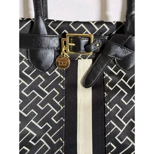 Tommy Hilfiger Monogram Tote Bag Black White Geometric Stripe Gold Buckle Charm thumbnail 2