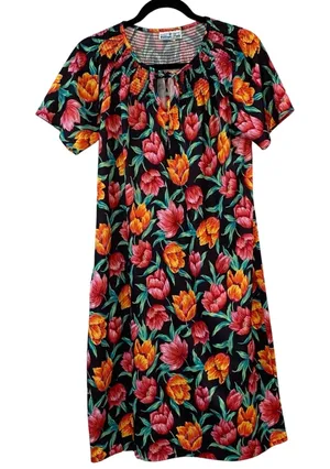 Vintage Village Fair Floral Midi Dress Pockets Cottagecore Small Silky Moo Moo‎ thumbnail 1