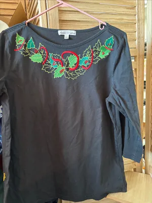 Marisa Christina Black Embroidered Holiday Top with Red and Green Accents Large thumbnail 1
