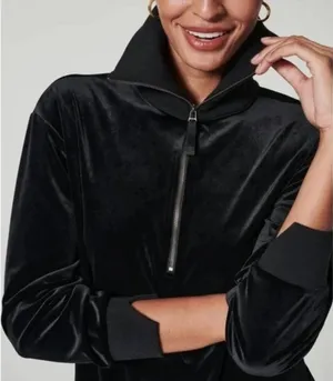 NWOT Spanx‎ Half Zip Pullover Sweatshirt Black Velvet Preppy Travel Womens 2X thumbnail 1
