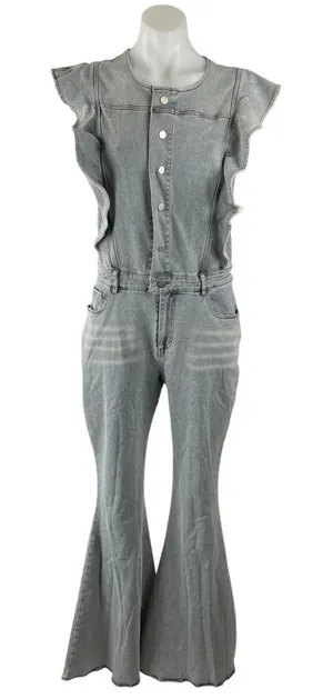 NEW Blue B Retro Ruffle Sleeve Bell Bottom Button Up Denim Jumpsuit Romper Sz L thumbnail 1