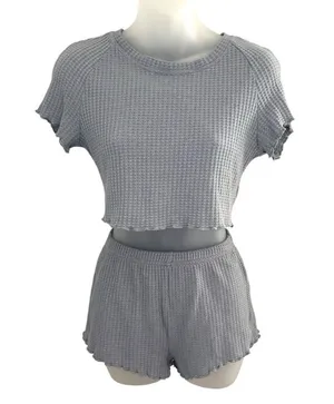 Women's Gray Waffle Knit Two-Piece Loungewear Shorts Set Size Small thumbnail 1