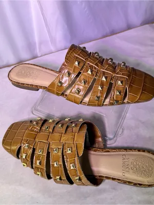 Vince Camuto Cognac Braided Leather Slide Mules with Gold Studs thumbnail 3