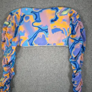 Tiger Mist Graffiti Bolero Ruched Long Sleeve Sz Medium Blue Orange Purple Mesh thumbnail 7