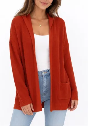 Peyton Primrose Cardigan Sweater Womens Medium Orange Open Front Pockets Knitted thumbnail 1