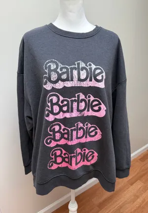 Primark Barbie Sweatshirt Womens Medium Gray Pink Oversized Graphic Logo Y2K Streetwear thumbnail 1