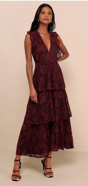 Lulu's Molinetto Burgundy Lace Ruffled Tiered Sleeveless Maxi Dress thumbnail 1