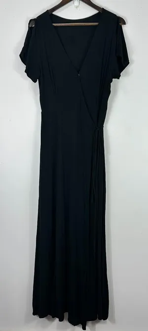Lulus‎ Black Wrap Maxi Dress Womens Small Flutter Sleeve Minimalist Clean Girl thumbnail 1