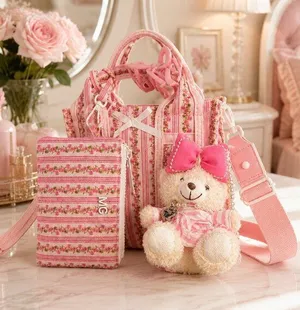 Madden Girl Floral Stripe Mini Tote Teddy Bear Charm Pink Coquette NWT thumbnail 1