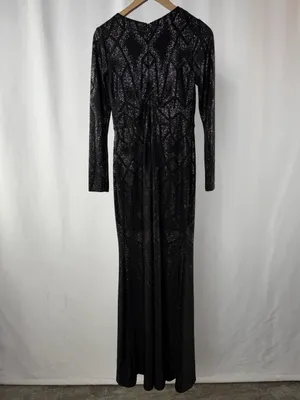 Betsy & Adam Long Sleeve Evening Gown in Black Sparkle Size Petite 4‎ thumbnail 3