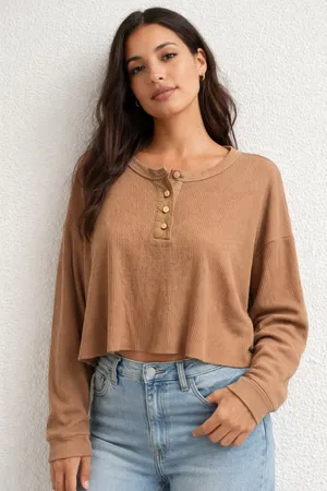 American Eagle Cropped Long Sleeve Henley Thermal Brown Crop Top Large thumbnail 1