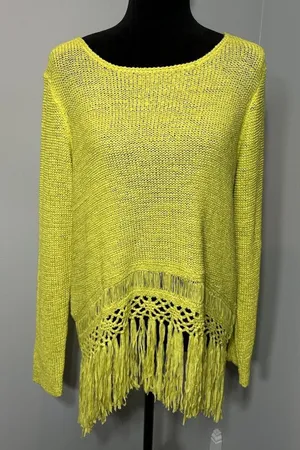 Lime Green Sweater Fringe Hem Bright Size Large~Boho Festival Arts Boston Proper thumbnail 1