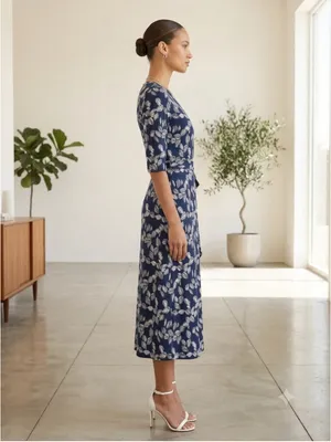 41 Hawthorn Womens 1X Faux Wrap Dress Navy Blue White Leaf Print Short Sleeve Mi thumbnail 2