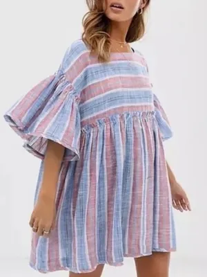Free People Womens Summer Nights Striped Mini Dress Blue Pink Medium thumbnail 1