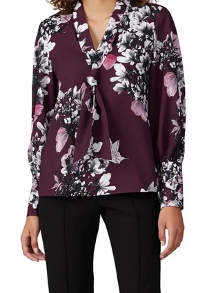 Natori Purple Floral Neck Tie Button Down Blouse thumbnail 1
