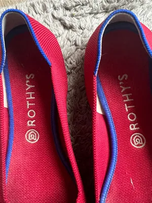 Rothy's Red Knit Pointed Ballet Flats with Blue Trim thumbnail 4