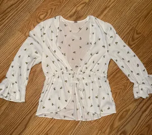 Free People White Bee print Tie-Waist Ruffle Blouse thumbnail 1