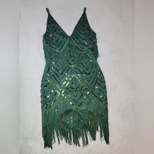 BABEYOND NWT 1920s Green Sequin Fringe Flapper Gatsby Party Dress Size M thumbnail 3