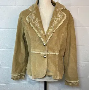 Misha Y2K Vintage Tan Corduroy Floral Embroidered Sequin Blazer Jacket thumbnail 1