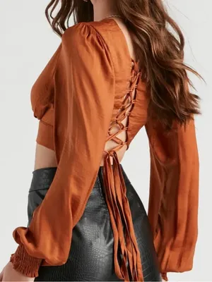 Windsor Rust Brown Satin Crop Top Medium Lace Up Back Balloon Sleeve Fall Boho thumbnail 2
