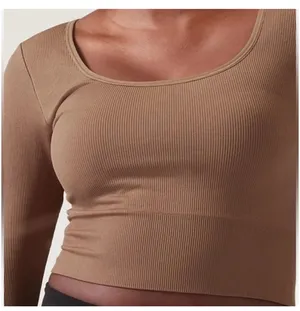 Athleta Aurora Crop Top Womens Medium Brown Seamless Ribbed Long Sleeve Shirt thumbnail 2