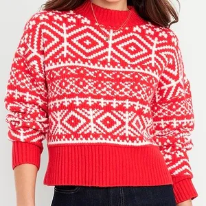 Old Navy SoSoft Fair Isle Mock Neck Sweater Red White Women’s L Holiday thumbnail 1
