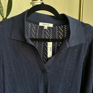 Madewell Navy Pointelle-Stitch Polo Sweater thumbnail 4