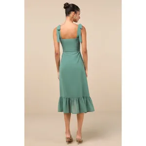 Lulus Tamryn Dark Sage Asymmetrical Ruffled Midi Dress Dance Bridesmaid Medium thumbnail 3
