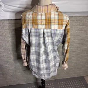 Charmed Hearts Mixed Plaid Patchwork Button Down Shirt Tan Blue Purple M thumbnail 3