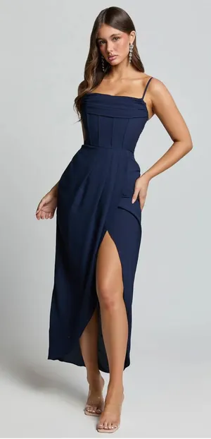 NWT Showpo ANDRINA MIDI DRESS High Low Wrap Corset Dress In Navy thumbnail 1