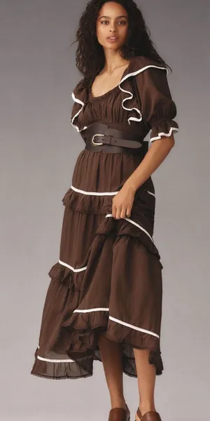 Anthropologie Puff Sleeve Scoop Neck Tiered Maxi Dress Size Large thumbnail 1