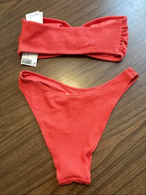 NEW H&M Medium Bandeau Bikini Top Cheeky Bottoms Textured Coral Set thumbnail 2