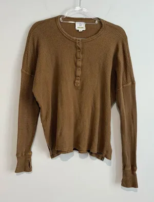 Aerie Waffle Thermal Henley long sleeve shirt brown tan‎ size small thumbnail 1