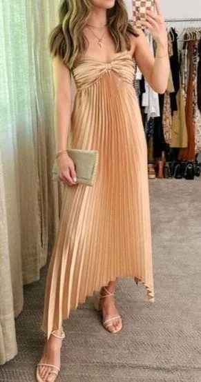 Petal & Pup Vikki Gold Satin Pleated Asymmetrical Hem Midi Dress 2 thumbnail 1