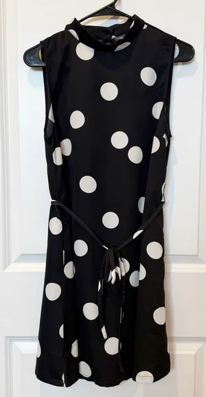 ModCloth Womens Polka Dot Fit & Flare Dress Medium Mock Neck Tie Retro‎ Parisian thumbnail 1