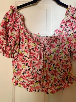 Zara Floral Ruffle Crop Top Pink Bow Front XS Cottagecore Romance Festival thumbnail 1