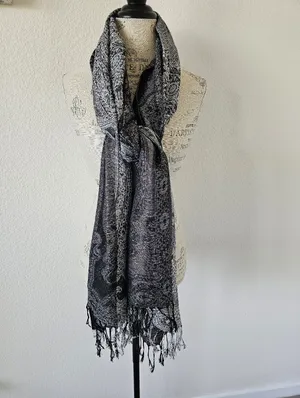 Vintage Intricate Paisley Pashmina Shawl – Metallic Silver & Black Large Wrap​ thumbnail 3