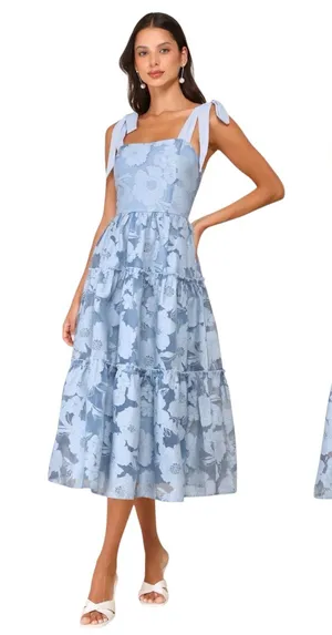 Lulus Proof of Perfection Blue Floral Tiered Tie-Strap Midi Dress size L NWT thumbnail 1