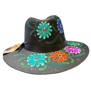 HAT MEXICAN Artisanal Hand Painted Fedora Floral Sombrero Panama Bohemian Black thumbnail 7