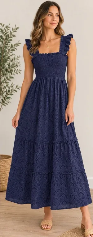 ✨🌙💙 Hill House Home The Nap Dress™ Smocked Ruffle Maxi‎ Dress Size L 🤍🌿 thumbnail 1