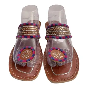 Kolhapuri Chappals Hand Embroidered Leather Flat Sandals Toe Ring 9 Brown thumbnail 4