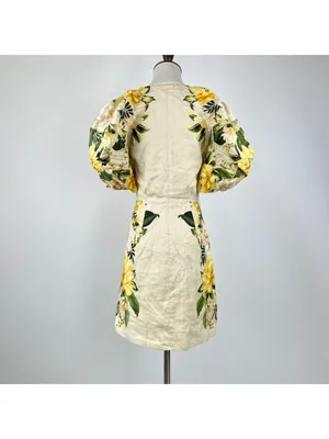 NWOT Farm Rio Linen Sand Garden Cascade Puff Sleeves Mini Dress Size M thumbnail 8